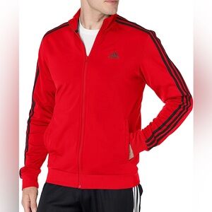 Adidas Men's Essentials Red 3-Stripes Tricot Track Zip-Up Jacket